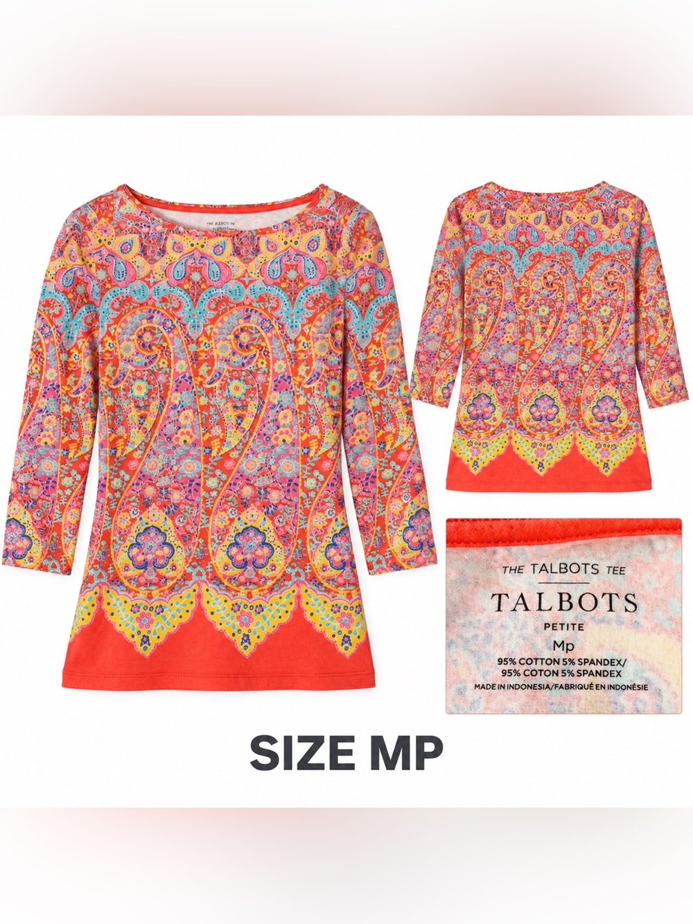 Talbots Coral Red Multicolor Paisley Boatneck Tunic Top